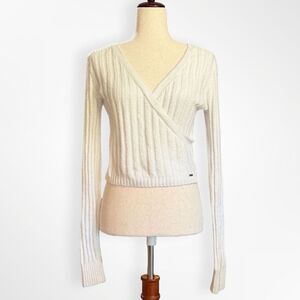 Hollister Co Faux Wrap Cropped Ribbed White Long Sleeve Sweater, S Balletcore